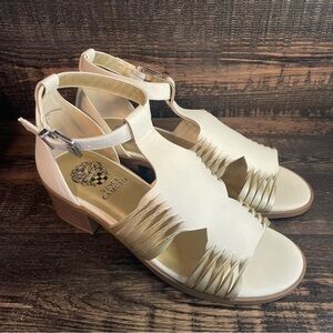 NWOT Vince Camuto Cream White Cutout T-Strap Block Heel Sandals Sz 4